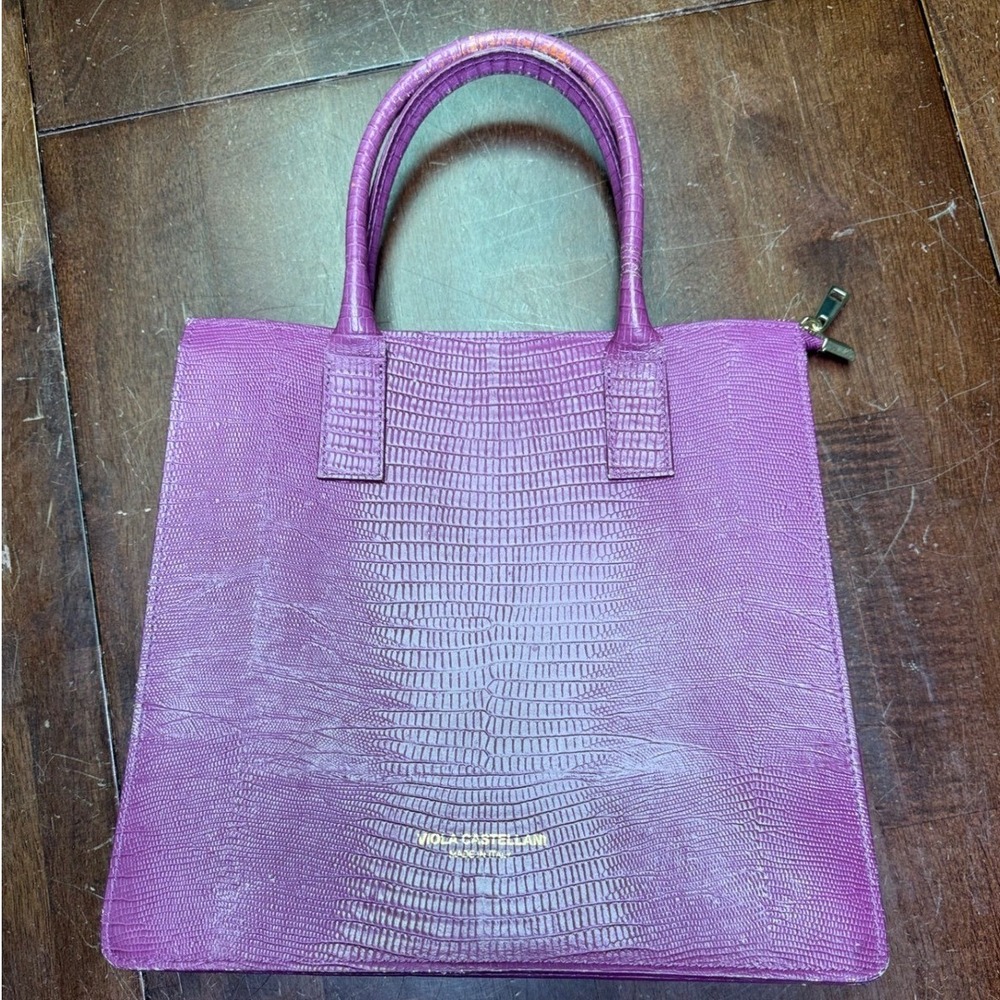 Viola Castellani Tote Bag Womens Medium Purple Lizard Embossed Leather Italy